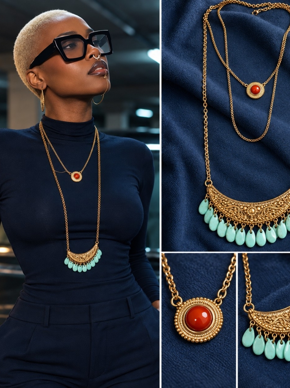 Gold Layered Necklace Set with Turquoise Drops and Red Stone Pendant